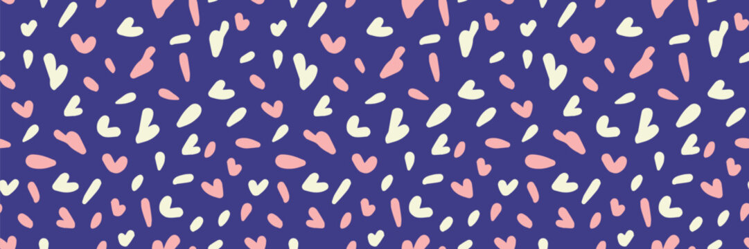 Seamless pattern with pastel hearts and organic dashes on a deep purple background. Modern romantic design for fabric, gift wrap, stationery, packaging and home decor