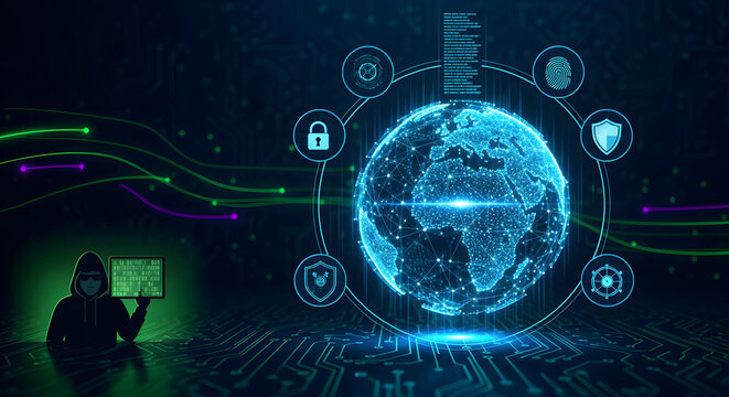 Hacker in hoodie using laptop with digital globe and cybersecurity icons for data protection, network security, and global internet threat concept
