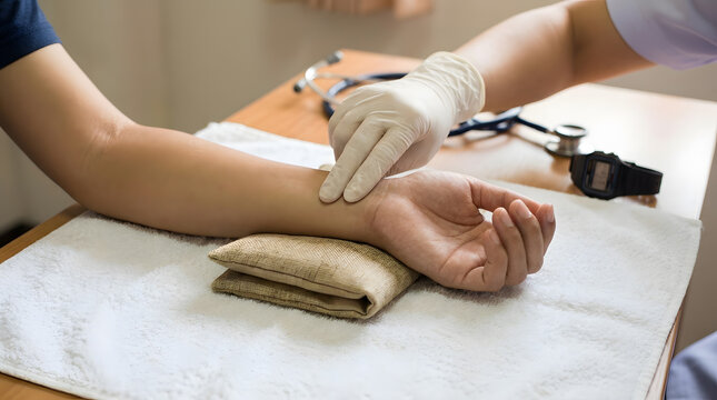 Healthcare Provider Checking Radial Pulse Rate on Patient Wrist during Exam | Medical Professional Taking Patient Pulse at Wrist with Gloved Hands | Doctor Measuring Patient Pulse Rate at Wrist 