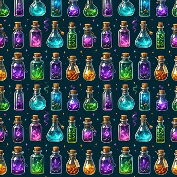 Magic potion bottles seamless pattern background for Halloween and fantasy designs, witch poison elixir glass jars with glowing liquid, crystals and herbs