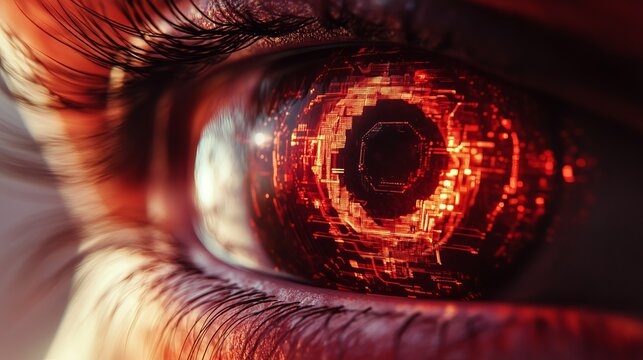 Robotic human eye featuring intricate glowing red circuit patterns and advanced digital light refraction captured in high detail macro photography