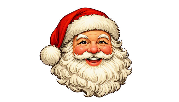 Cheerful Santa Claus face with rosy cheeks, bright eyes, fluffy white beard wearing a red hat with white fur trim, isolated on transparent background. Vintage Christmas illustration. Festive design