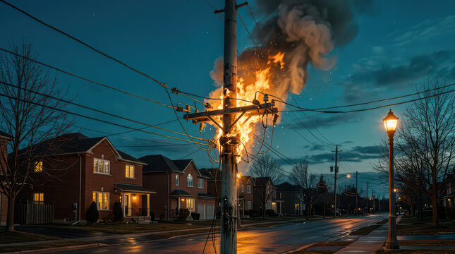 Wooden utility pole catching fire with bright orange flames and heavy smoke in a generated using ai