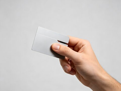 Hand holding a blank silver plastic credit card against a grey background