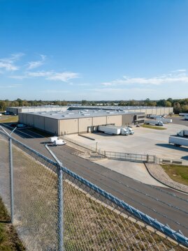 Aerial view of a secure logistics warehouse with loading docks and delivery trucks. Industrial distribution center supporting transportation, supply chain, and commercial storage operations.