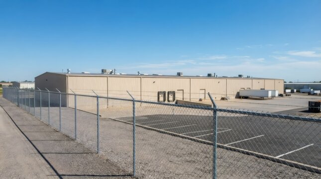 Large industrial warehouse with rooftop equipment, loading dock and trailers behind a secure chain link fence. Commercial logistics and manufacturing facility under blue sky.