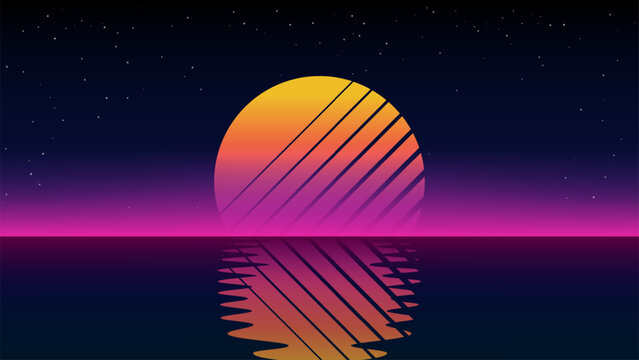 Retro Synthwave Sunset with Water Reflection, Vector Illustration
