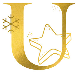 Golden letter U monogram with hand drawn outline star cookie and snowflake illustration. Elegant luxury metallic gold alphabet design element for invitations. Initial winter decoration clip art. © AngArt