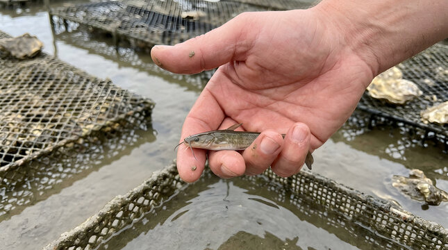 Hand Holding Juvenile Catfish Among Oyster Cages in Muddy Aquaculture Pond