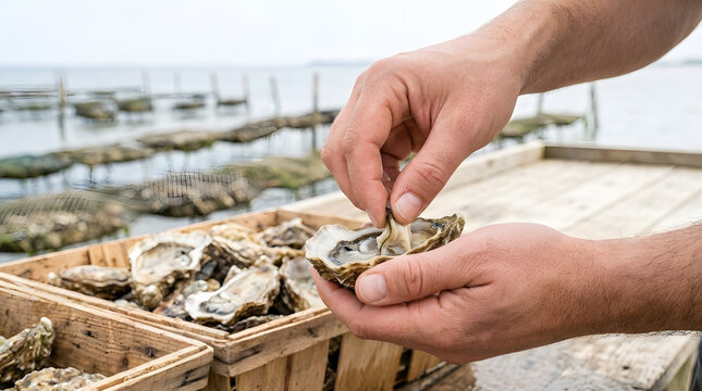Man Inspecting Fresh Opened Oyster on Wooden Farm Dock