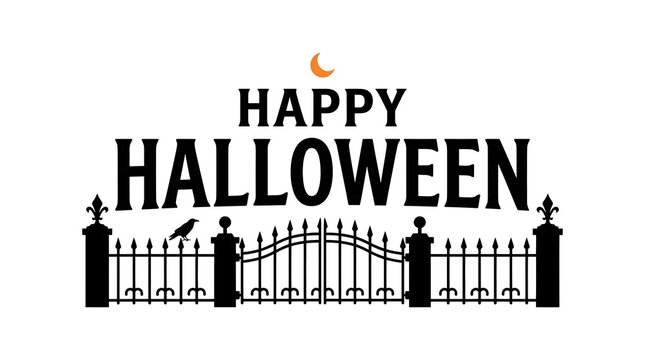This captivating halloween typography design features the words 'happy halloween' dramatically displayed above an ornate wrought iron gate evoking a spooky and festive atmosphere perfect