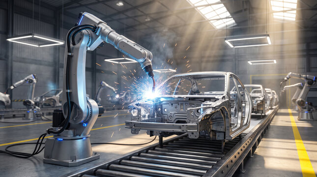 Robotic arm welding a car body frame on an automotive assembly line with bright sparks in a factory