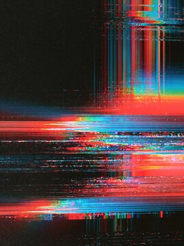 Abstract digital glitch art with vibrant red and blue light streaks