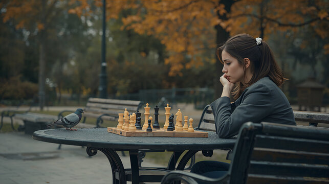 Woman sitting alone at park chess table playing intensely against herself with deep thought expression generative AI