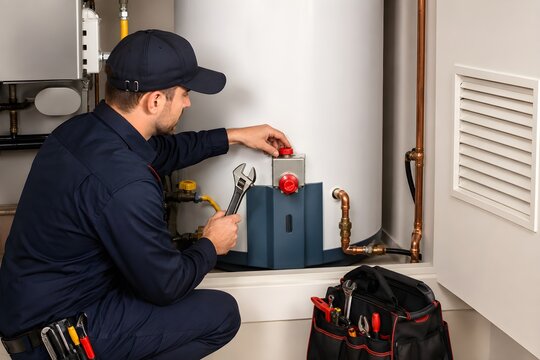 Professional Water Heater Repair Technician Using Adjustable Pipe Wrench During Gas, Electric, & Tankless Water Heater Maintenance Residential Plumbing Service Modern Home Utility Room