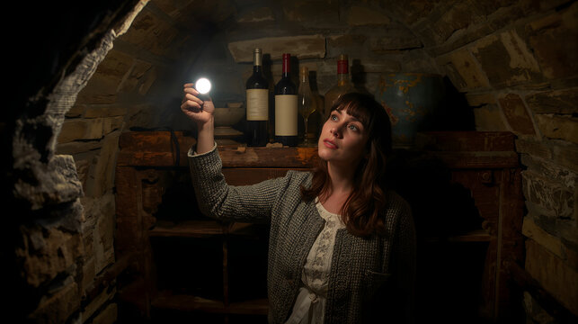 Woman standing proudly in wine cellar holding flashlight illuminating modest collection evoking subtle comedic irony generative AI