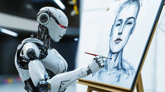 White humanoid robot artist meticulously paints a detailed charcoal portrait on a wooden easel using a small fine tipped brush