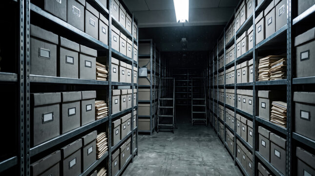 Cold case archive with rows of grey boxes on metal shelving in dark room.