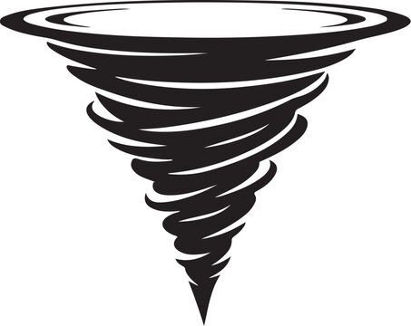 Tornado vector icon, black swirling hurricane silhouette, extreme weather cyclone symbol, spinning vortex storm graphic for meteorology