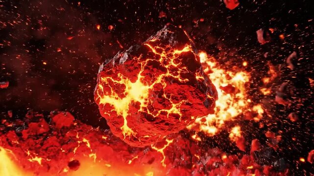Flaming Meteorite Falling Through Space with Fiery Lava and Debris Background MP4 Video. 