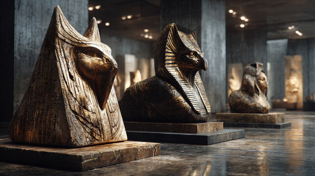 Sculptures of Egyptian art displayed in a modern exhibition space
