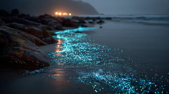 Waves glow at night on a beach with distant lights shining in the background