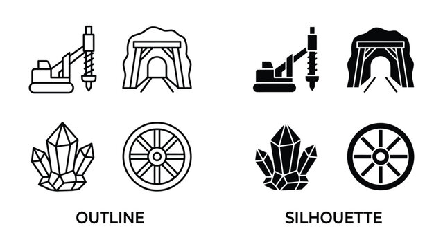Mining Icons Set: A collection of flat icons representing mining activities, featuring a drill, mine entrance, crystal, and cart wheel, available in both outline and silhouette styles.