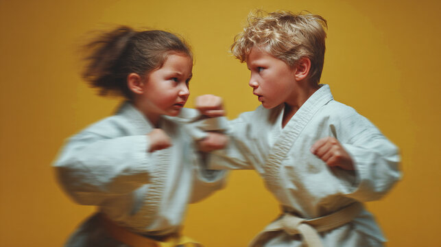 Two children practice martial arts in front of a yellow background during a self-defense training session