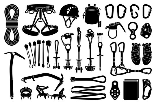 Essential climbing gear icons: harness, helmet, ropes, carabiners, shoes.