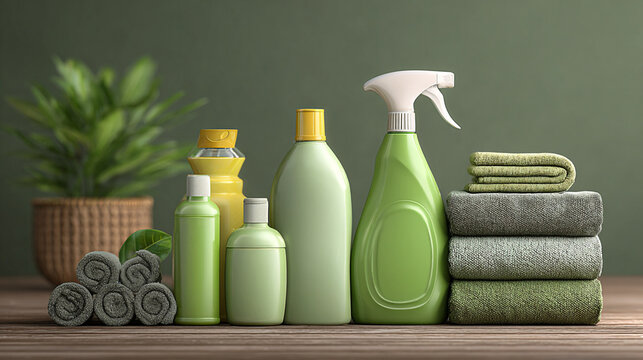 Green eco detergents and cleaning supplies arranged on a wooden table with towels and a plant in the background