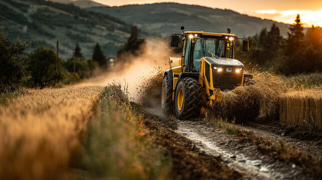 Harvesting wheat on a farm at sunset with a tractor working on the field