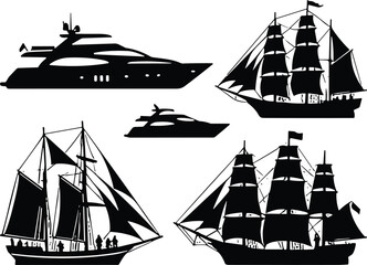 Black and white of four different ships sailing on water with seagulls flying overhead sailing ship pirate ship © MdAzijul