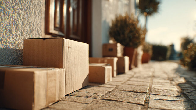 Delivery of parcels arranged neatly on a walkway during a sunny day