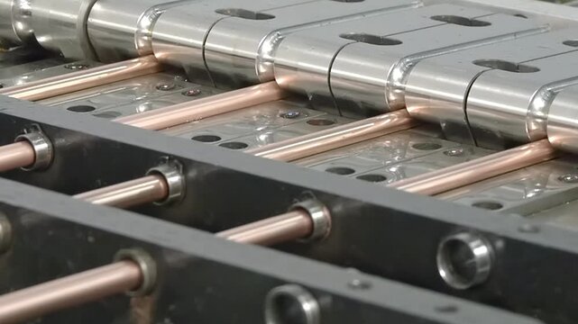 Close-up look at an advanced machine expertly crafting copper tube parts for industrial air conditioners. Watch the precision and craftsmanship unfold in mesmerizing slow motion.