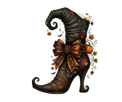 Halloween witch shoes on a White Background. Black witch hat, trick or treat tradition. Halloween costume witch, ghost on white background.