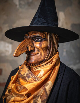 Traditional Fasnet witch in carved wooden mask with wooden nose and headscarf before medieval wall generative AI