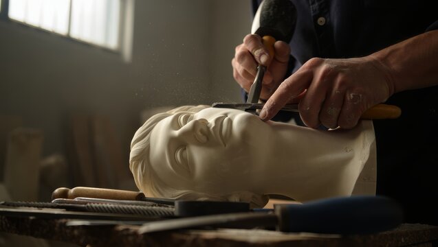 Sculptor Carving Marble Bust in Workshop