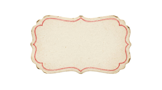 Blank vintage paper label with hand-drawn red border and scalloped edges for mockups
