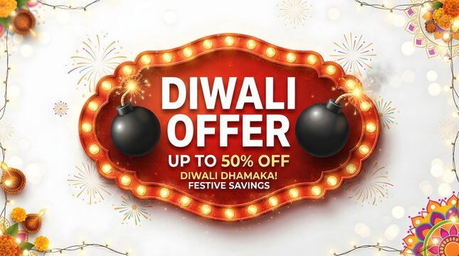 Diwali festival sale banner with red vintage light sign, firecracker bombs, and festive decorations isolated on white background