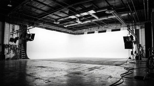 A wide black and white view of a spacious professional photo and film soundstage featuring a large seamless white cyclorama wall surrounded by professional studio lighting rigs and equipment.