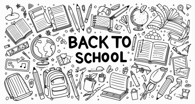 Back to school doodle vector banner, hand drawn educational supplies coloring page, black and white school stationery icons set for students
