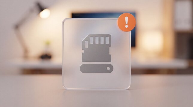 Sd card storage warning icon on frosted glass block on office table
