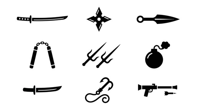 Black ninja and samurai weapon silhouette icon set.