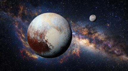 Fototapeta premium Pluto and Charon in Space: A realistic depiction of Pluto and its moon Charon floating in the vastness of space, with the Milky Way galaxy stretching out in the background.