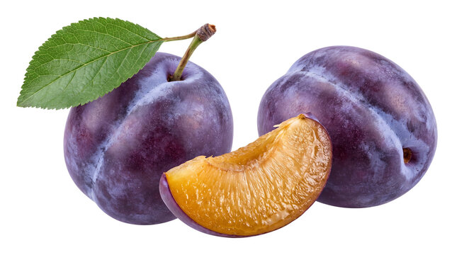 Fresh Ripe Purple Plums with Green Leaf and Slice Cutout Transparent PNG Isolated Element for Food Design