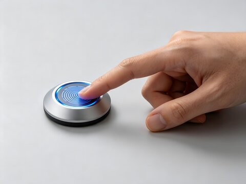 Hand touching a glowing blue biometric fingerprint scanner button
