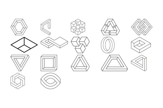 Collection of black and white impossible geometric shapes, optical illusions, and 3 d line on a white background
