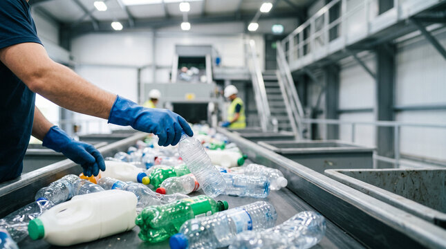 Worker hands sorting recyclable plastic waste on conveyor belt in modern facility. Circular economy and environmental management concept.