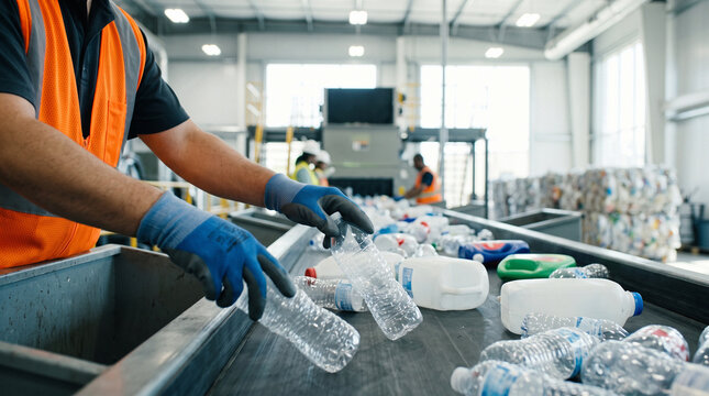 Worker hands sorting recyclable plastic waste on conveyor belt in modern facility. Circular economy and environmental management concept.