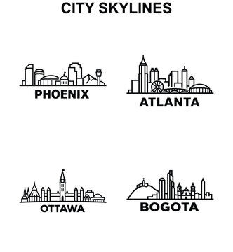 Phoenix, Atlanta, Ottawa and Bogota city skylines with desert mountains, skyscrapers, Ferris wheel, parliament tower, churches and hilltop monument